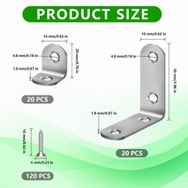 40 pcs Angle Brackets, 16x20mm, 16x50mm Corner Bracket Stainless Steel L Brackets for Wood, 90-Degree Corner Brackets for Wood with Screws for Fixing and Repairing Furniture, Shelves, Window, Cabinet