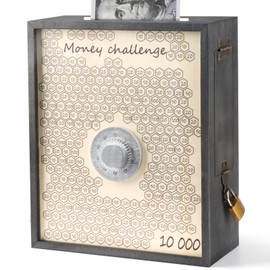 Mczxon 10000 Money Saving Box with Lock, Large Wooden 10k Savings Challenge Box $10,000 Reusable Coin Money Challenge Cash Vault Saving Box Saver Tracker Number Piggy Bank for Adults Kids, Blue