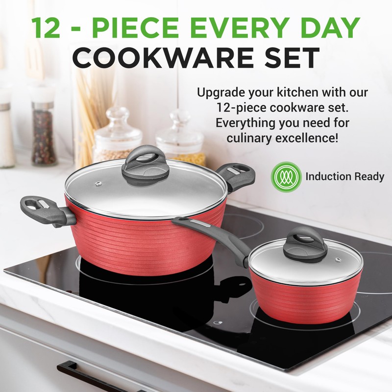 NutriChef 12-Piece Hard Anodized Nonstick Cookware Set - Induction Ready