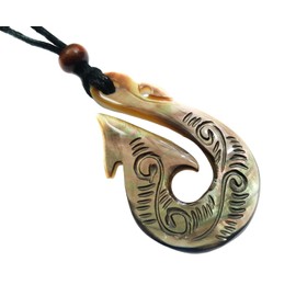 Swimmi Hand Carved Mother of Pearl Shell Tribal Maori Fish Hook 16 to 32 inch Adjustable Cord Necklace FA021-L