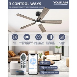YOUKAIN Ceiling Fans with Lights, 52 Inch Black Ceiling Fans, Smart Ceiling Fan Remote & APP Control, Reversible Blades, LED Ceiling Fan for Living room, Bedroom, 52-YJ812-BK