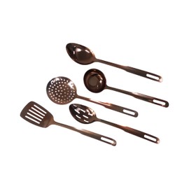 Amco 5-Piece Stainless Steel Cooking Utensil Set, Copper Finish - Includes Kitchen Ladle, Slotted Turner, Skimmer, Solid Spoons - 14" with Hanging Holes for Easy Storage, Durable Kitchen Gadgets