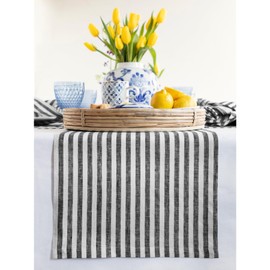 Solino Home Linen Table Runner 144 Inches Long - Amalfi Stripe, 100% Pure Linen Black and White Table Runner 14 x 144 Inch for Dining, Summer