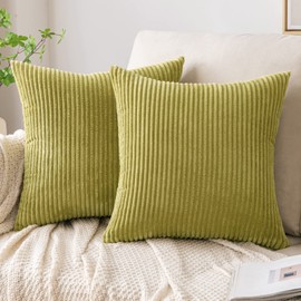 EMEMA Cushion Covers Corduroy Square Throw Pillow Covers Striped Soft Sham Home for Sofa Couch Bedroom Decorative Pillowcases 16x16 Inch 40x40cm Set of 2 Grass-green