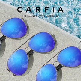 Carfia anteojos de sol polarizadas para hombres y mujeres, protección UV polarizadas, estilo militar clásico con marco de metal, Azul espejo, Talla unica
