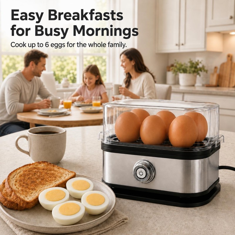 6-Egg Electric Egg Cooker, Stainless Steel Body, Auto Heat Shut-Off