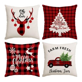 Neatee Living Set of 4 Christmas Decorative Throw Pillow Covers Winter Holiday Xmas Cushion Covers Christmas Trees Red Truck Snowflakes Deer Outdoor Couch Sofa Home Pillow Cases 22x22