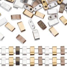 CREATCABIN 450Pcs 2 Hole Half Tila Beads 3 Colors Glass Beads Square Rectangle Mini Opaque with Plastic Container for Craft Bracelet Necklace Earring Jewelry Making(Silver Gold Brown) 5x2mm