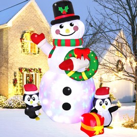 LOMOHOO 6.4FT Christmas Inflatable Snowman Penguin Waterproof Blow Up Snowman with Wreath Cheerful Waving Build-in Rotating LED Light Xmas Outdoor Decor for Yard Lawn Porch Holiday Party (Waving)