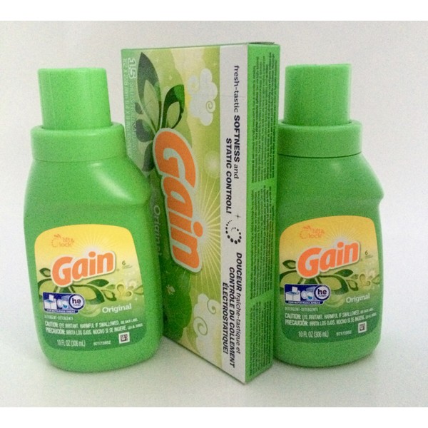 (2) Gain Original Laundry Detergent 10 Oz Travel Size Pack Plus Gain Dryer Sheets, Original Scent 15ct