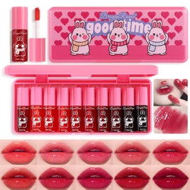 MooGlamor 10 Pcs Lip Tint Set Cute Glossy Lip Stains and Matte Lipsticks with Long-lasting and Quick-drying Mini Lip Gloss Lipstick for Makeup Gift (Rabbit, Lip Gloss)