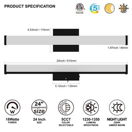 JULLISON 24 Inch Bathroom Vanity Light Fixtures with Night Light: Long Square Wall Mounted LED Lighting Bar Over Mirror with 5CCT & 2200K Color Changing, 120V, 1230-1350lm, ETL, Matte Black, 2 Packs