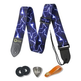 CANTUS Guitar Strap for Bass Acoustic Electric Guitars with 2 Strap Lock Button 1 Headstock band 1 Metal Pick, Blue Lightning Type