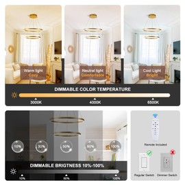JGYHC 2-Rings Chandelier Gold Modern LED Chandeliers for Dinning Room, Dimmable Round Hanging Light with Remote Control Circular Pendant Lighting for Kitchen Island Living Room Entryway, 3000K-6500K
