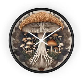 Round Earth Toned Mushroom Decorative Wall Clock, Unique Custom Home Decor - Color: Black, hands: Black, size: 10"