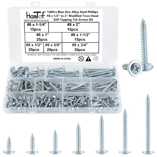 HanTof 140 Pcs Blue Wafer Head Wood Screws, #8 x