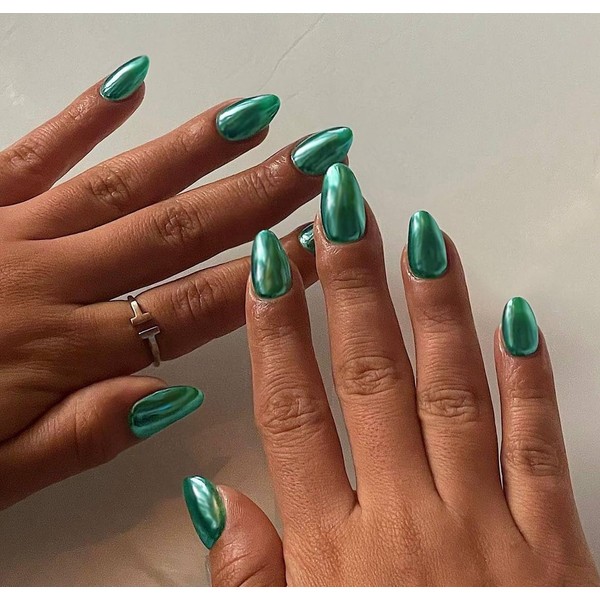 KQueenest Light Green Press on Nails Short Oval,Chrome Nails Press