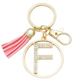 Letter Keychain for Women Purse Charms for Handbags Crystal Alphabet Initial Letter Pendant with Tassel (Gold-F)