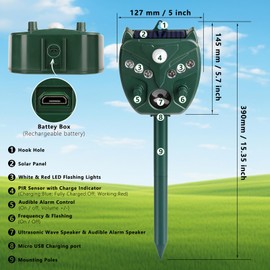 Solar Animal Repellent Ultrasonic, 2 Pack Cat Repellent Outdoor Deer Repellent Devices with Motion Sensor Animal Repeller to Repel Cat Deer Squirrel Rabbit Dog Skunk with LED Flash Lights Lawn Garden