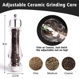 LHS Pepper Mill Grinder Salt Grinder, Arcylic Peppercorn Grinders with Adjustable Ceramic Coarseness-Clear(1 Pack)
