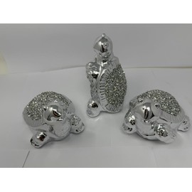 Set of 3 Turtle Silver Crushed Diamonds Sparkle Statue Figurines CRYSTALLIZED Sea Turtle Ornaments | Silver Bling Decorative Display 15x10x5cm Elegant Gift Home Decor