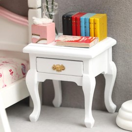 Miniature White Bedside Table with Drawer, 1:12 Scale Dollhouse Furniture, Victorian Style