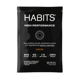 HABITS BY NOT A FANCY KITCHEN | High Performance | Proteína Vegetal en polvo |Sabor Cacao | 15 sobres Cont. Net 38.5 g | 30 g de Proteína Por Porción | Sin Azúcares Añadidos | 6g de BCAAS, 1.5 g Carbs, No GMO