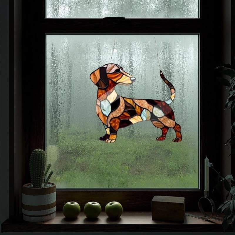 Moqqeu Dachshund Dog Glass Window Hanging Ornament 9CM