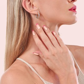 Krystil Short Press On Nails – Almond French Tip Fake Nails, Includes Nail Glue Perfectly Fitting & Natural Reusable Stick On Nails in different Sizes (Fuchsia Tip, 5 Sizes)