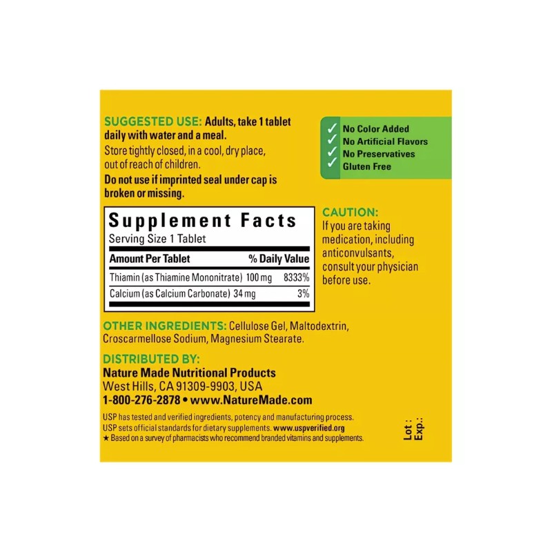 Nature Made Vitamin B1, 100mg Dietary Supplement - 2 Pack