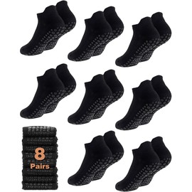 Breathffy 8 Pairs Non Slip Pilates Socks with Grips for Women Bulk Yoga Anti Skid Athletic Socks for Barre Ballet Hospital(Black)