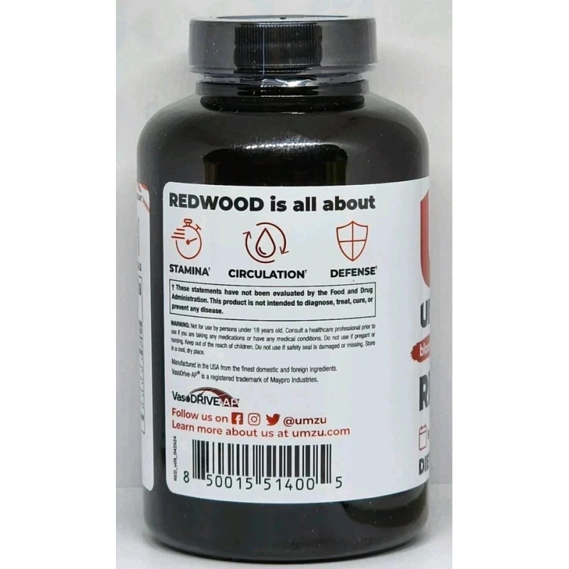 100%pure UMZU REDWOOD Blood Flow Support Dietary Supplement 180 Capsules