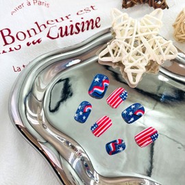 Independence Day Short False Nails 4th of July Press on Nails Glossy Acrylic Coffin Stick On Nail Patriotic Stripe Pattern Full Cover Fake Nail Reusable for Women 24Pcs
