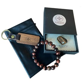 Forziani Mens Natural Stone Bracelet Gift Set – Tigers Eye Bracelet with Natural Crystal and Wooden Keychain - Luxury Gift Box with Leather Pouch Packaging Included