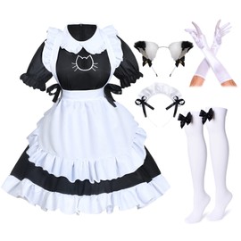 Wannsee Anime French Cat Maid Apron Fancy Dress Cosplay Costume Headwear Gloves Socks Set(Plus Size Black 5XL)