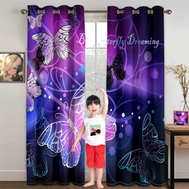 Kossmjx Butterfly Window Curtain Panels Purple Blackout Girls Curtains for Bedroom 2 Panels Curtains 84 inch Length for Girls Bedroom Nursery Room Grommet Top Thermal Insulated Curtains, 82" x 84"