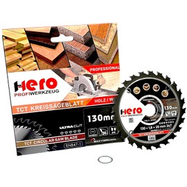 Hero Circular Saw Blade Carbide Saw Blade TCT Replacement Saw Blade Saw Blades Circular Saw Wood/Aluminium Circular Saw Blades Table Saw Chop Saw (for Wood/Wood Materials, Diameter 130 x 20/16 mm, 24T