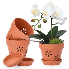 JUXYES Pack of 3 Small Terracotta Orchid Pots with Holes and Saucers, 6 Inches Clay Orchid Planter Pots for Repotting, Plant Flower Pots for Orchid Indoor and Outdoor Promotes Air Circulation