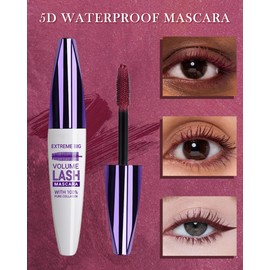 Burgundy Mascara Waterproof, Colored Mascara Volume and Length, Long Lasting Smudge-Proof Voluminous Mascara for Eyelashes, Lengthening 5D Thick Fiber Lash Mascara, No Flaking or Clumping Women Makeup