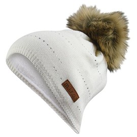 m.i.r.o.s Tiffany Women's Winter Hat White with Crystals Handmade Bobble Hat, White
