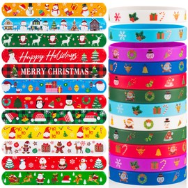 hexiaoxiao 48 PCS Christmas Slap and Rubber Bracelets for Kids Holiday Party Favors Bracelets Silicone Wristbands for Birthday Party Supplies Boys and Girls'Santa Gifts Xmas Stocking Stufers