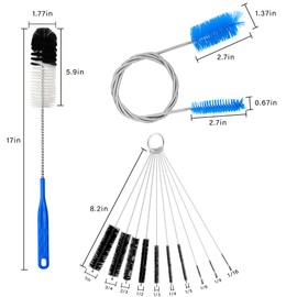 12Pcs Glass Tube Pipe Cleaners Brush Kit,Long Nylon Straw Brush for Glass Funnel and Bottle,17-inch Long Handle,8.2-in Different Diameters Brushes,35-in Flexible Double-Ended Hose Tool (Blue)