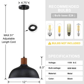 2 Pack 1 Light 12” Vintage Pendant Light Fixtures,Industrial Hammer Metal Hanging Light Rubber Wood Black Finish Pendant Lamp for Kitchen Island,Farmhouse Dining Room Over Sink