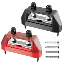Fibnek 2PCS 250A Bus Bar – 5/16" M8 Dual Stud Power Distribution Block for 12–48V DC, Red & Black Battery Terminal Block with Cover & Screws for Car Marine Boat Solar RV