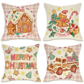 Fahrendom Merry Christmas Pink Decorative Throw Pillow Covers 16 x 16 Set of 4, Xmas Gingerbread House Truck Tree Porch Outdoor Pillowcase, Winter Holiday Candy Plaid Couch Cushion Case Home Decor