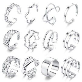 Kakonia 12Pcs Knuckle Rings for Women Men Silver/Gold Stainless Steel Stacking Open Rings Set Simple Adjustable Stacking Thumb Rings for Women