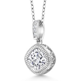 925 Sterling Silver Pendant with Chain Set with Forever Classic Very Light (IJK) Cushion Moissanite from Charles & Colvard and (1.75 Cttw)
