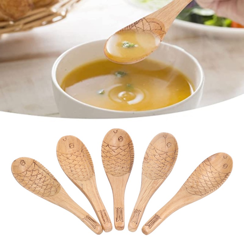 5Pcs Soup Spoon Fish Shaped Carved Wooden Rice Spoon Kitchen