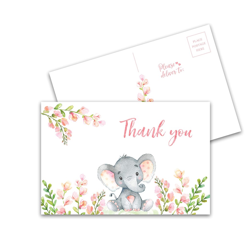 PINK ELEPHANT Thank You Cards — Pack of 25 — 4x6 Postcard Notes, Floral Note card for GIRL Baby Shower Sprinkle, Birthday Party Blank Post card, Postcards Stationary, No Envelopes needed T530-CRD