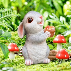 WONDHOME Solar Bunny Garden Statues Outdoor Bunny Decor Resin Rabbit Figurine Holding Mushroom with LED Lights for Porch Patio Lawn Yard Housewarming Gardening Gifts for Mom Grandma